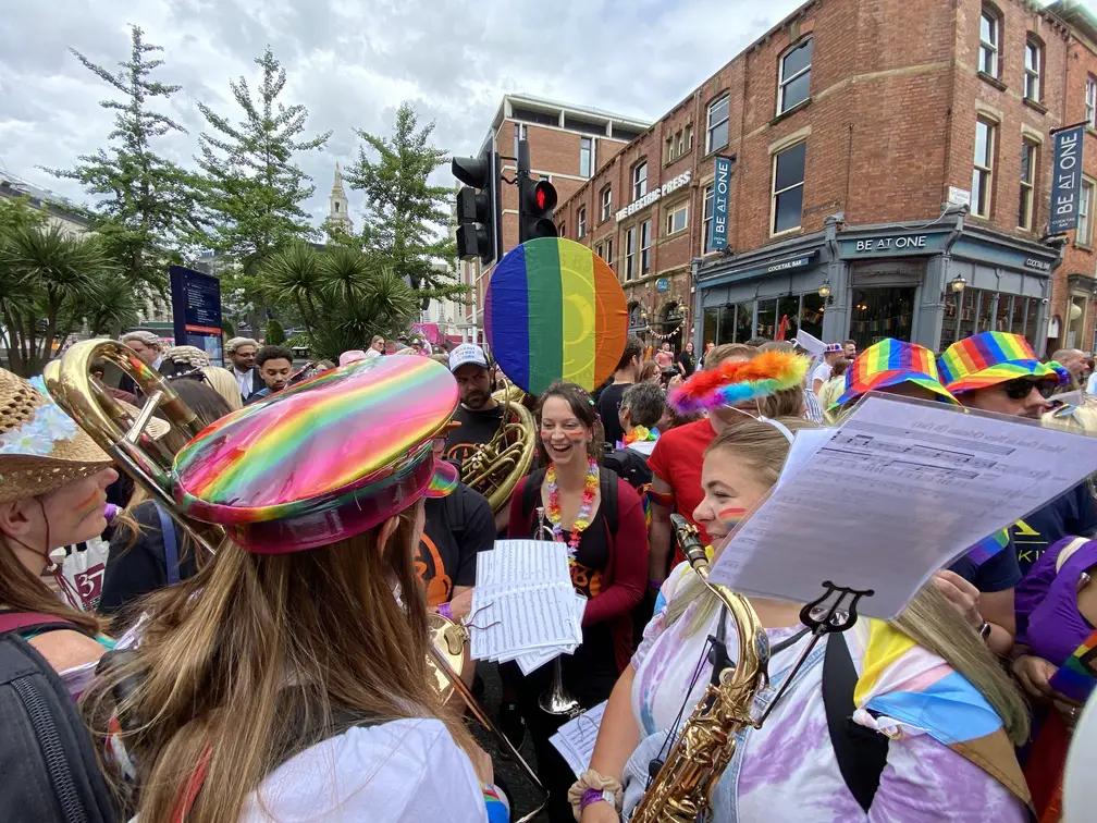 Bare Brass Band's sousaphone player at Leeds Pride