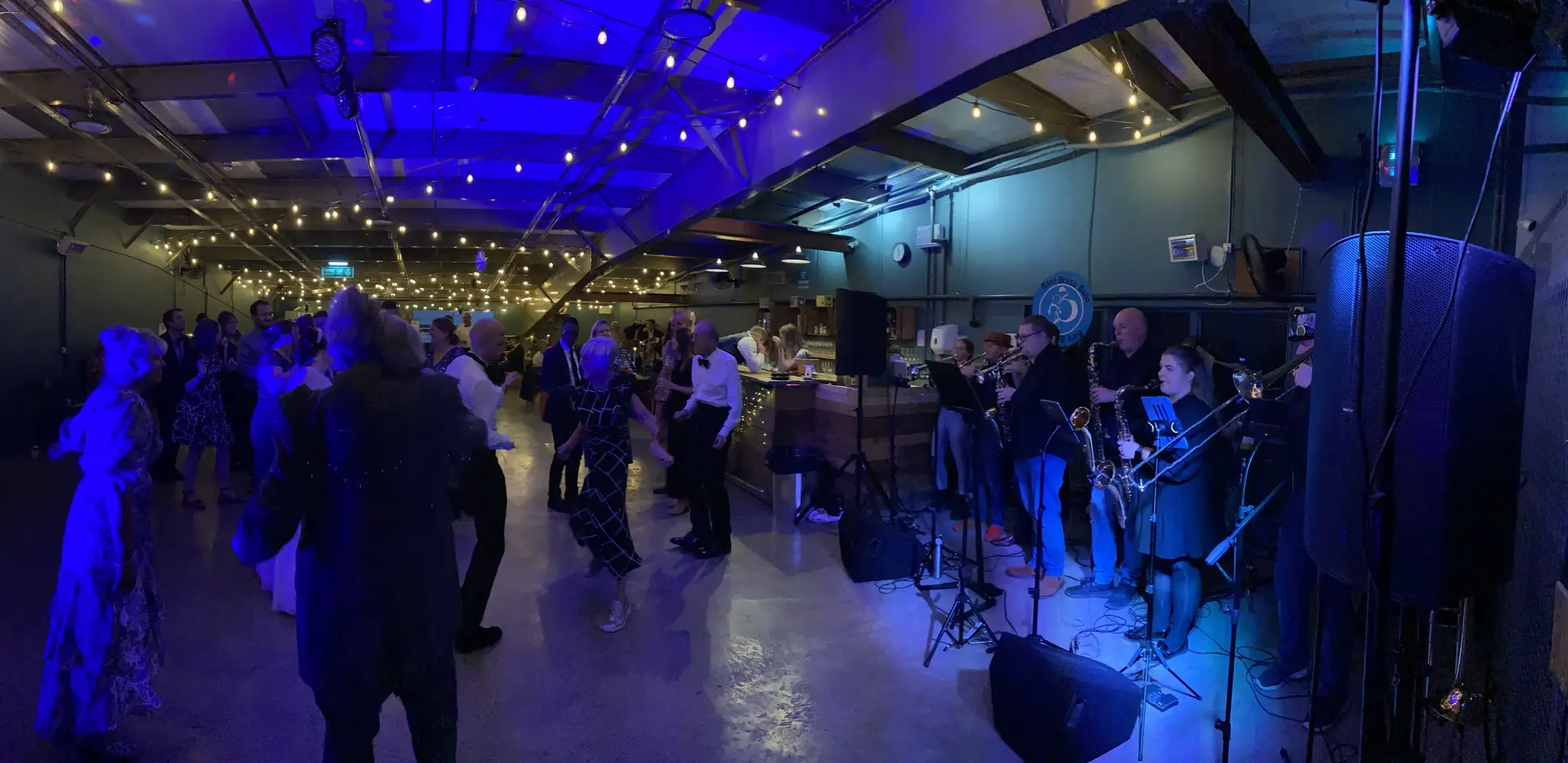 Bare Brass Band playing at a wedding at the Rooster's Brewery